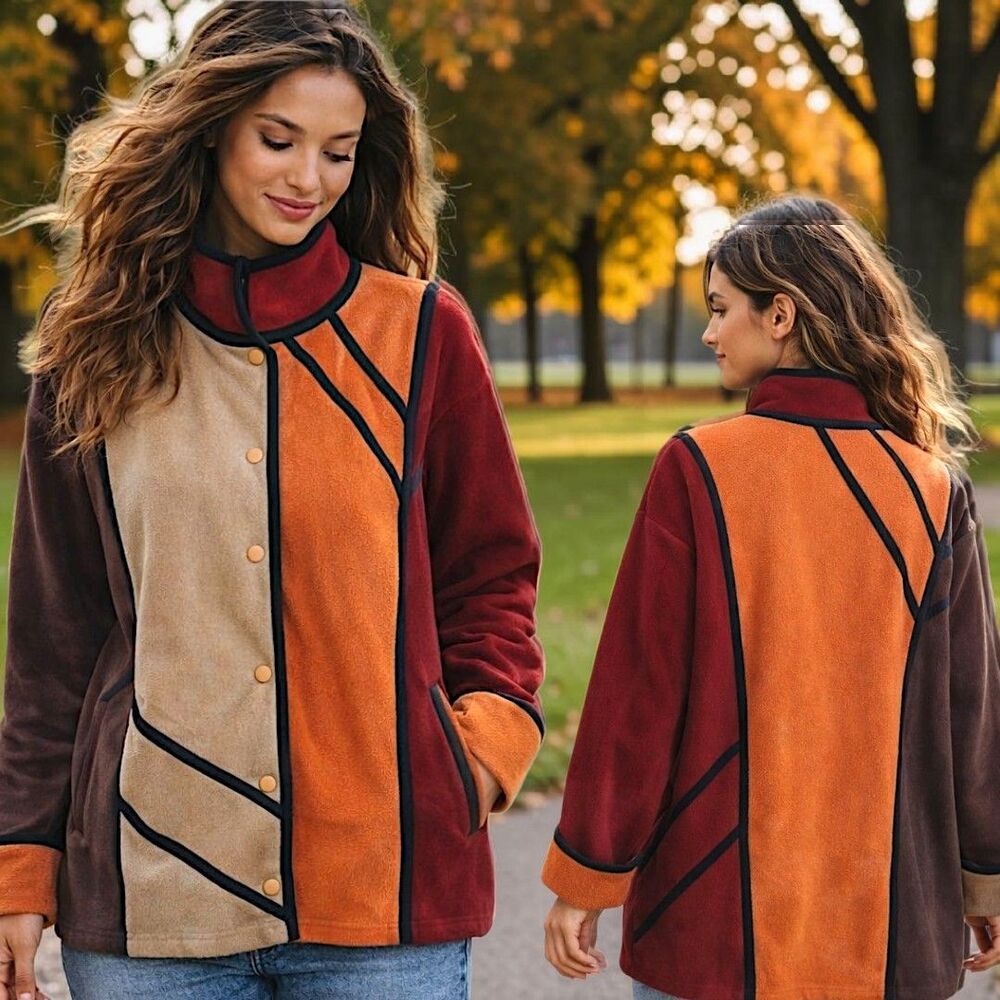 Susan Graver Fleece Jacket 3X Colorblock Abstract Snap Cozy Whimsical Outerwear